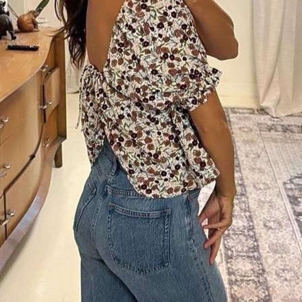 Volcom Boho Womens Floral Puff Sleeve Open Back Tie Top Small Burgundy